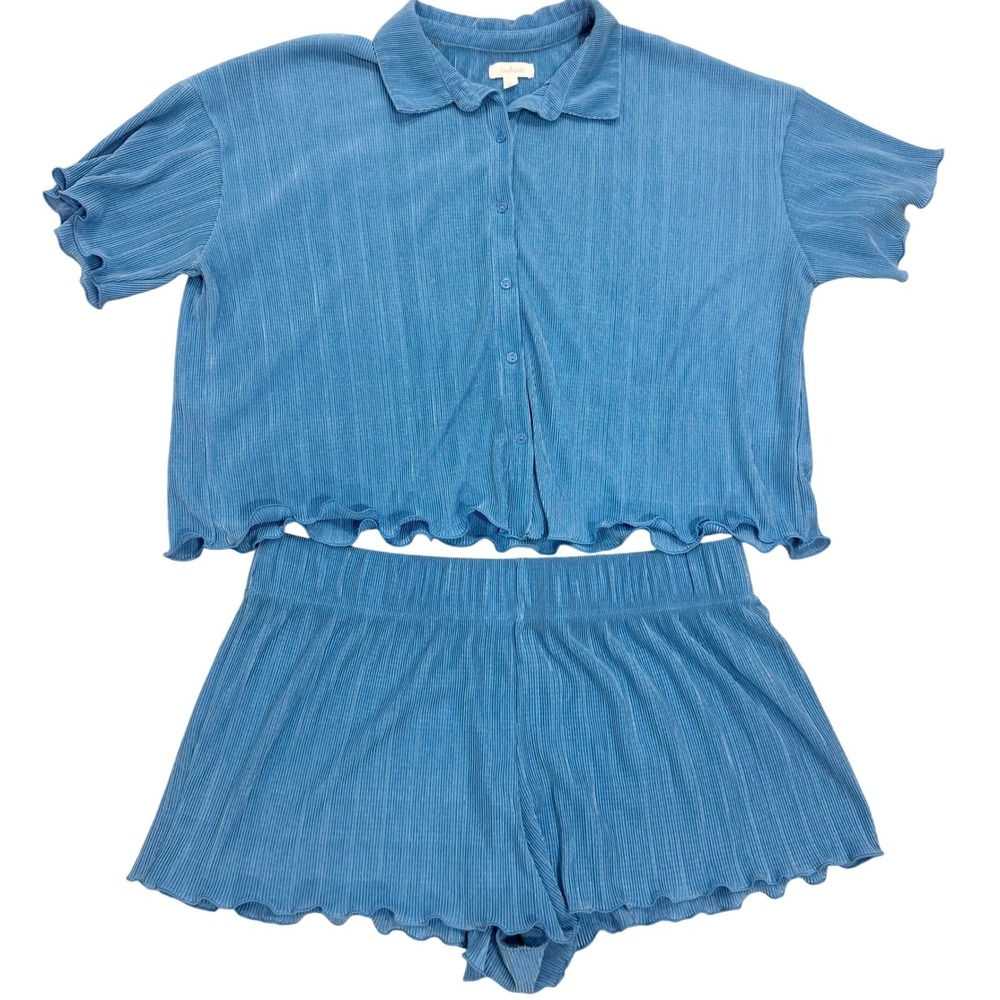 Colsie Plisse Pajama Set Womens XL Blue 2 Piece Lettuce Edge Shorts Shirt